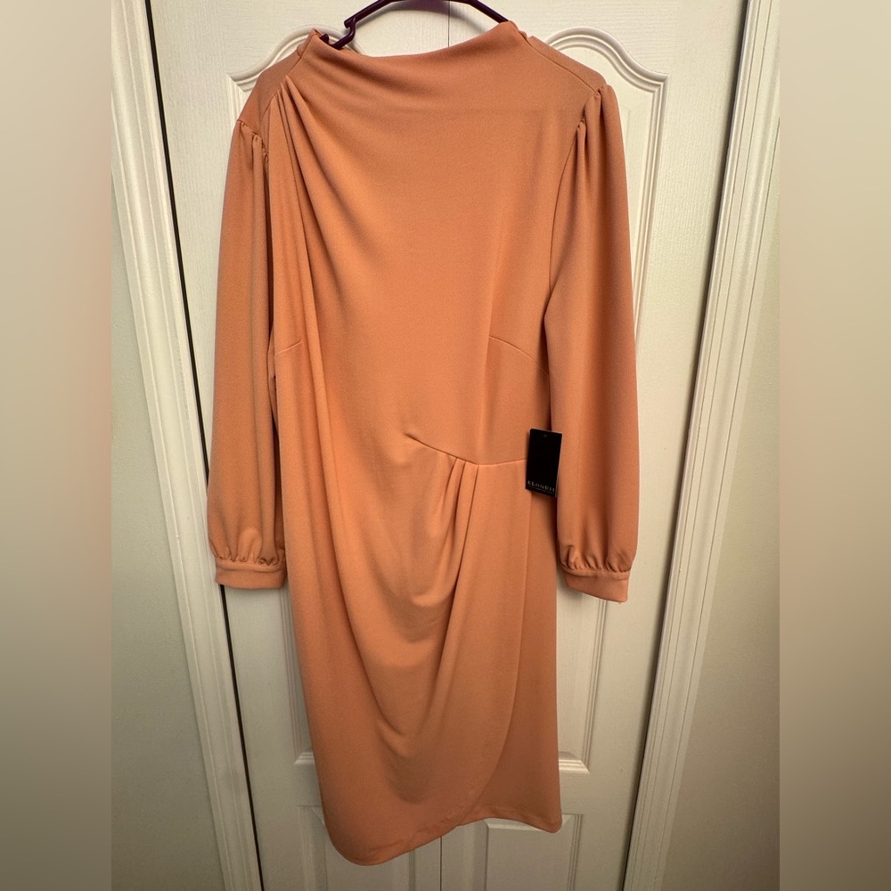 Eloquii Peach Dress with Cowl Neck and Long Bishop Sleeves